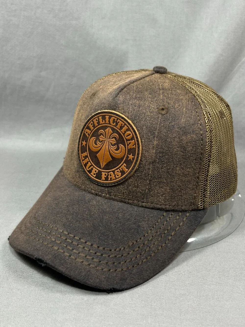 Affliction Live Fast Trucker Hat Snapback Brown Leather Patch Distressed Cap